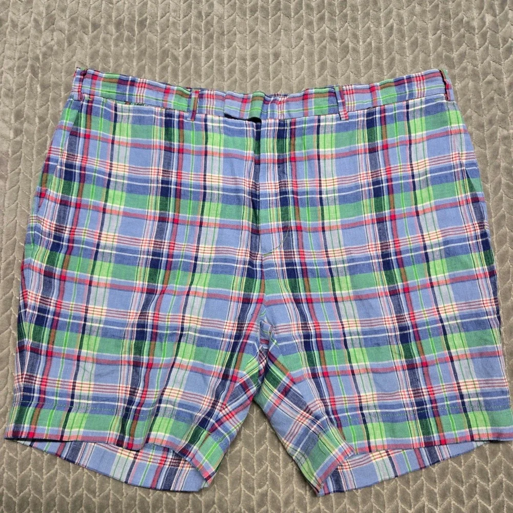 Polo Ralph Lauren Mens 38 Plaid India Madras Linen Shorts Classic Fit Blue Green